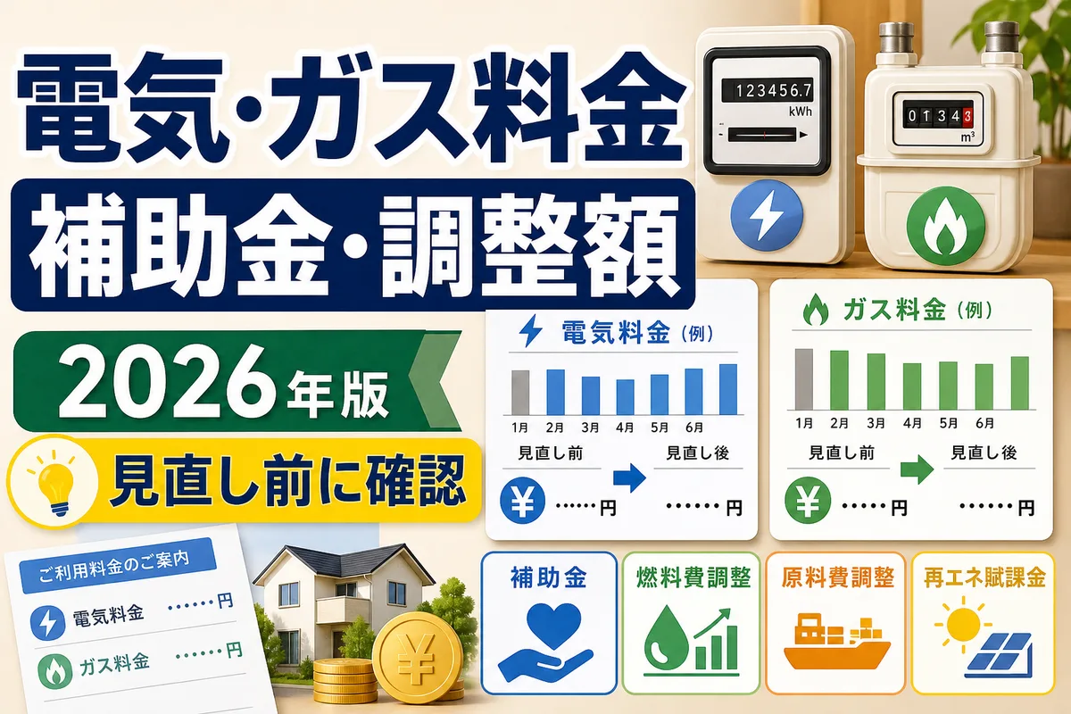 電気・ガス料金の補助金と調整額、料金プラン比較を示す日本語サムネイル
