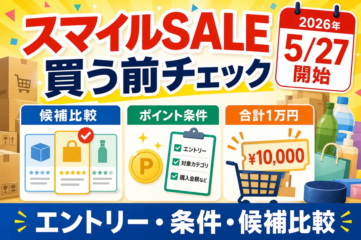 AmazonスマイルSALEの買い物候補とポイントアップ条件を比較する日本語サムネイル