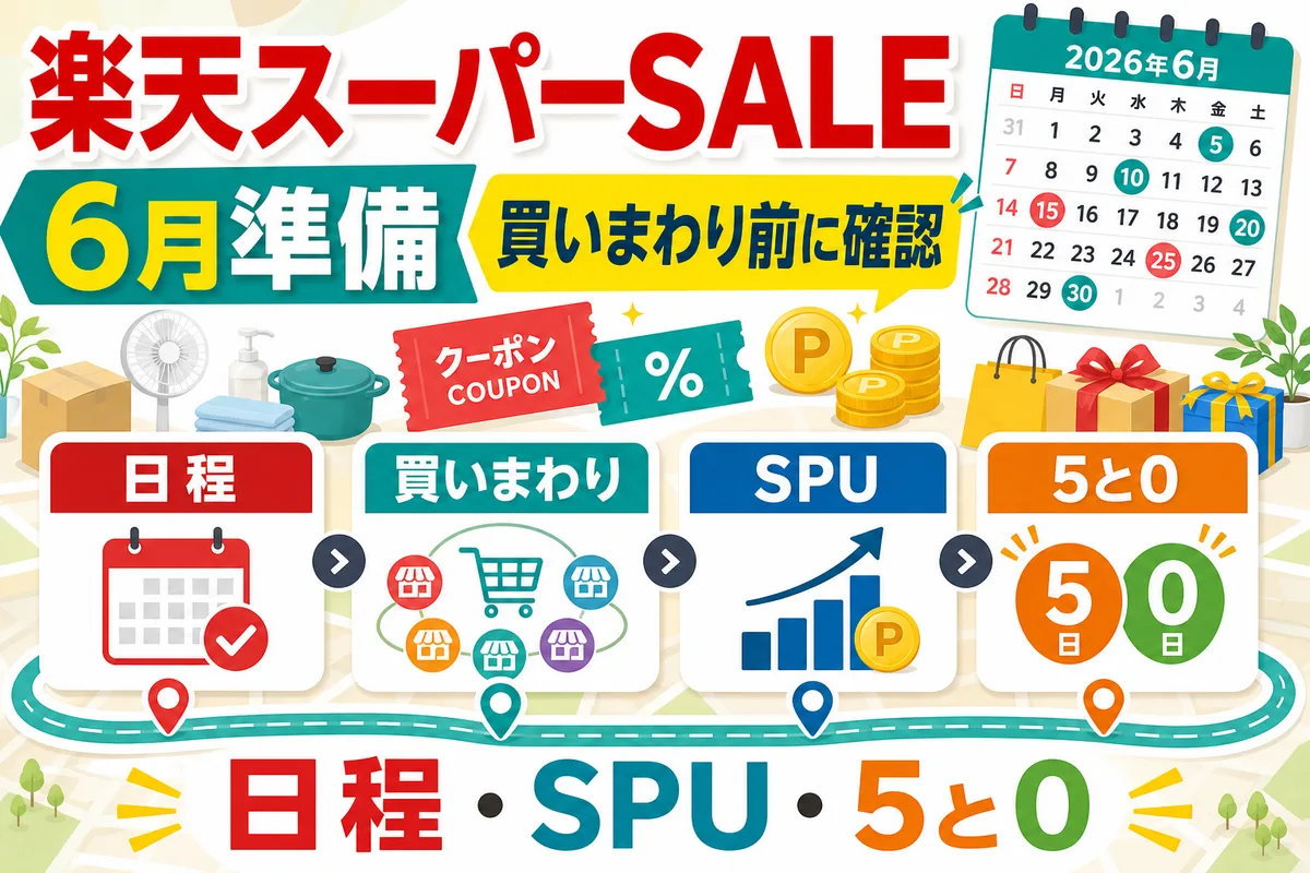 楽天スーパーSALEとお買い物マラソン、5と0のつく日、SPUの確認ポイントを比較する日本語サムネイル