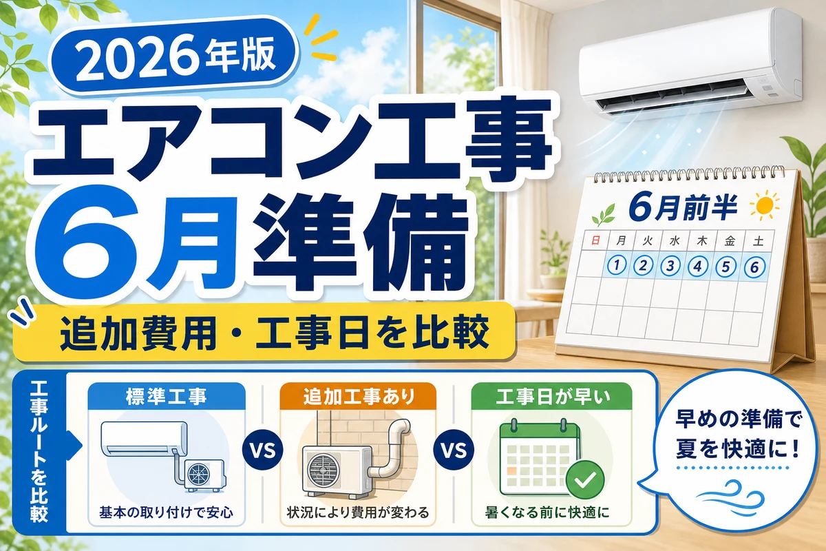 6月前半にエアコン工事日と追加費用を比較する日本語サムネイル