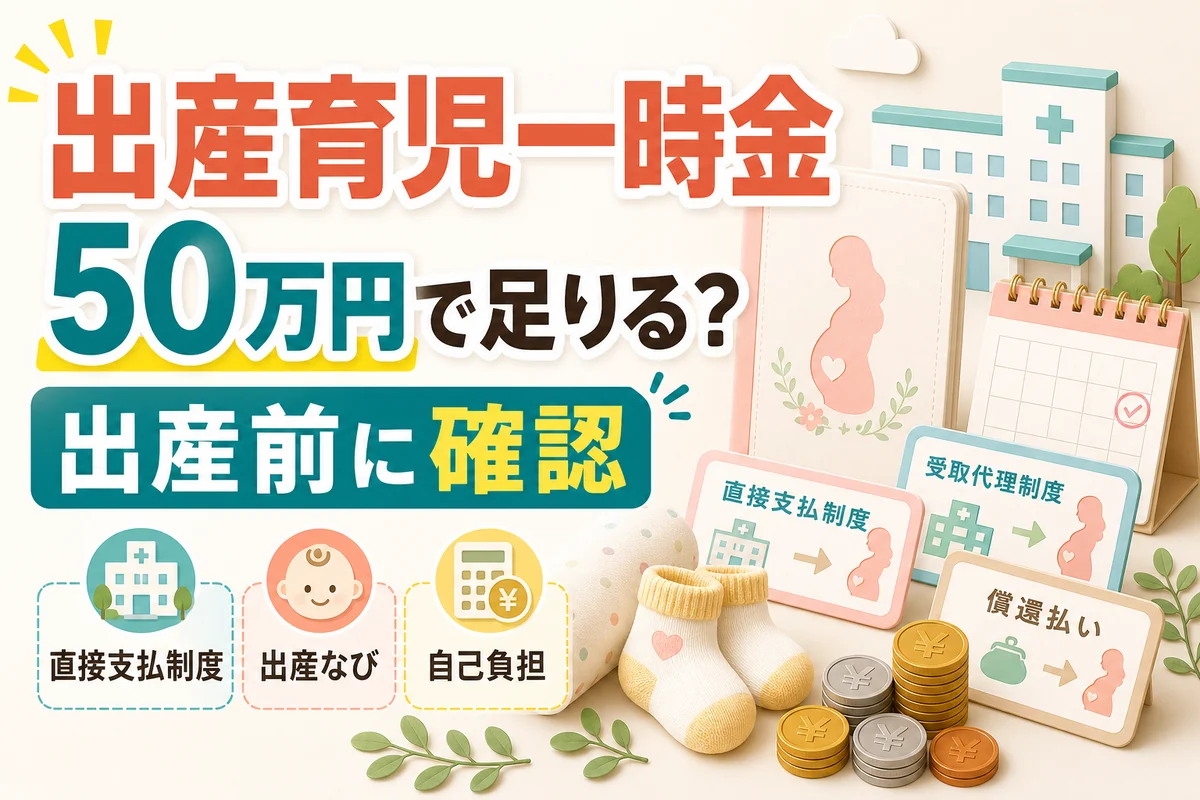 出産育児一時金50万円と産院費用、直接支払制度、受取代理制度、償還払いを比較する日本語サムネイル