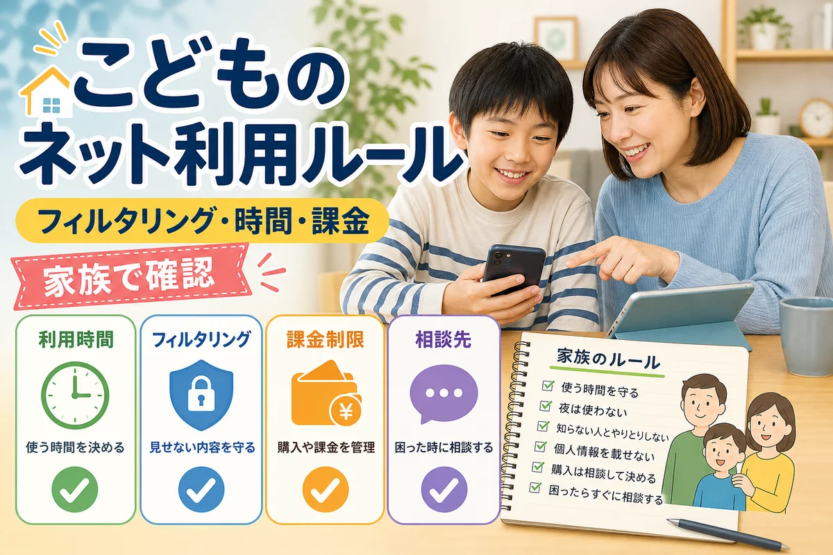 親子でスマートフォンの利用時間、フィルタリング、課金制限を確認する日本語サムネイル