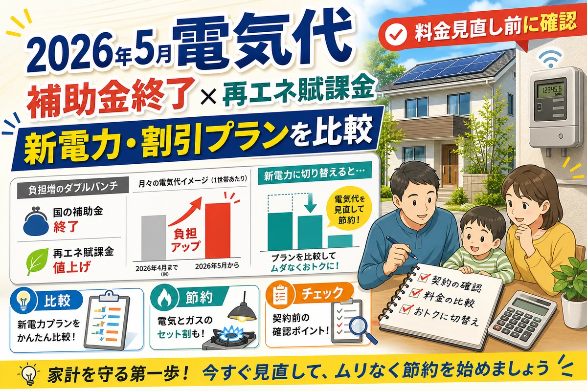 2026年5月の電気代値上げ、補助金終了、再エネ賦課金、新電力比較を表す日本語サムネイル