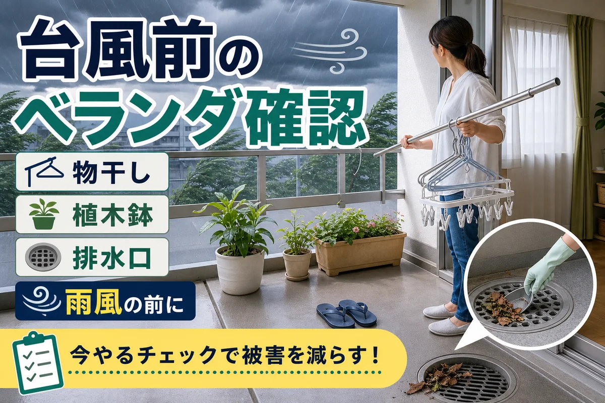 台風前にベランダの物干し、植木鉢、排水口を確認する日本語サムネイル
