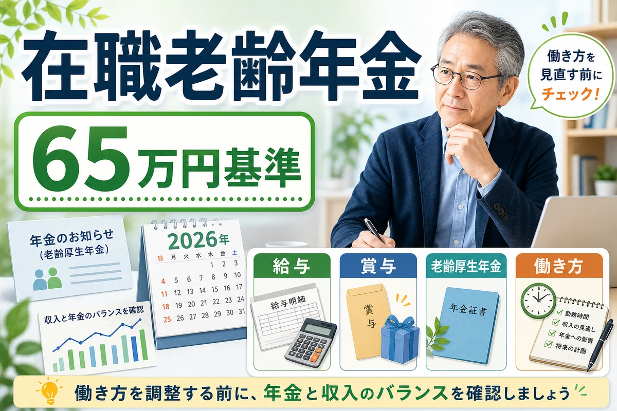 在職老齢年金は2026年4月から何が変わった？65万円基準・働き方別の確認ポイントの比較・確認ポイントを表す日本語サムネイル
